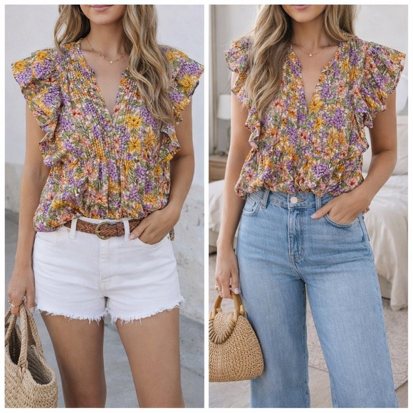 entro Tops - Entro Vibrant Floral Ruffle Blouse